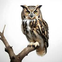 AI generated Owl perched on a branch isolated on white background. ai generative photo