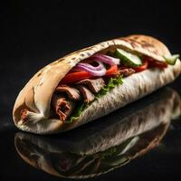 AI generated doner kebab dramatic studio lighting, on dark background. ai generative photo