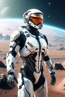 AI generated astronaut in a modern suit semi cyborg in a planet with amazing views beyond imagination. ai generative photo