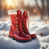 AI generated red boots on snow outside lit by the sunset. ai generative photo