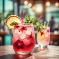 AI generated A vibrant and refreshing sparkling lemonade infused with hibiscus and fresh mint. ai generative photo