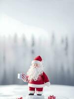 ai generado Papa Noel claus muñeca con regalos en el Nevado montaña. ai generativo foto