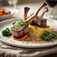 AI generated Main Course, Herb-crusted lamb chops with root vegetable puree. ai generative photo