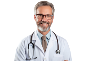 AI generated Senior doctor man arms crossed with smile, pride on transparent background. png