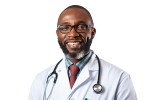 AI generated Senior doctor black man arms crossed with smile, pride on transparent background. png