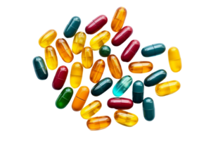 AI generated Group of vitamin supplement pills or drugs for treatment, on transparent background. png