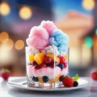 AI generated Dessert, Cotton candy cloud parfait with fruit compote. ai generative photo