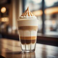 ai generado un en capas macchiato presentando Café exprés, espumoso al vapor leche, caramelo jarabe, y un toque de avellana. ai generativo foto