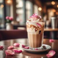 ai generado un exótico con hielo latté con Café exprés, frío leche, y un combinación de agua de rosas y cardamomo jarabe. ai generativo foto