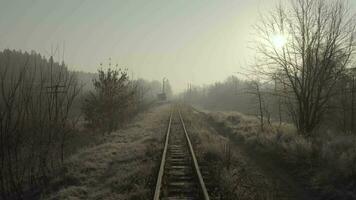 Drohne fliegend Über ein alt eng Spur Eisenbahn im das früh Morgen. Antenne Aussicht von das Eisenbahn Spuren video