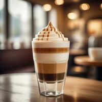 ai generado un en capas macchiato presentando Café exprés, espumoso al vapor leche, caramelo jarabe, y un toque de avellana. ai generativo foto