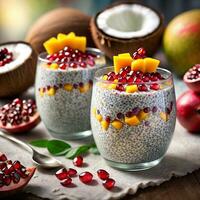 AI generated Dessert, Coconut mango chia pudding with pomegranate seeds. ai generative photo