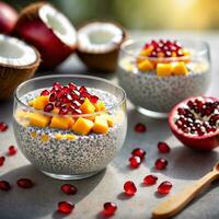 AI generated Dessert, Coconut mango chia pudding with pomegranate seeds. ai generative photo