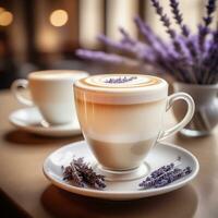 AI generated A fragrant latte combining smooth espresso with velvety steamed milk, sweet vanilla syrup, and a hint of lavender. ai generative photo