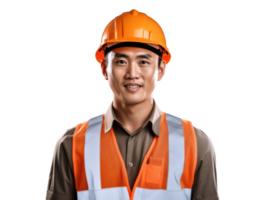 ai généré Asie ingénieur dans casque et Orange gilet, souriant, isolé sur transparent Contexte. png