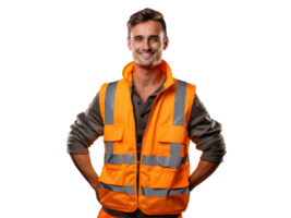 AI generated Young engineer man in helmet and orange vest, smiling, isolated on transparent background. png