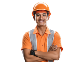 ai gerado Ásia engenheiro dentro capacete e laranja colete, sorridente, isolado em transparente fundo. png