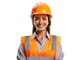 ai generado un mujer ingeniero en casco y naranja chaleco, sonriente, aislado en transparente antecedentes. png