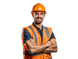 AI generated Young engineer man in helmet and orange vest, smiling, isolated on transparent background. png