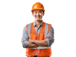 AI generated Asia engineer in helmet and orange vest, smiling, isolated on transparent background. png