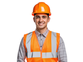 AI generated Young engineer man in helmet and orange vest, smiling, isolated on transparent background. png