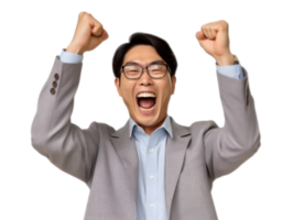 AI generated Happy asia busineesman excited winning solated on transparent background. png