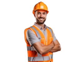 AI generated Young engineer man in helmet and orange vest, smiling, isolated on transparent background. png