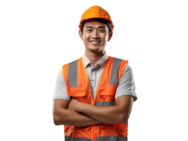 AI generated Asia engineer in helmet and orange vest, smiling, isolated on transparent background. png