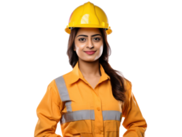 ai generado indio mujer ingeniero en casco y naranja chaleco, sonriente, aislado en transparente antecedentes. png