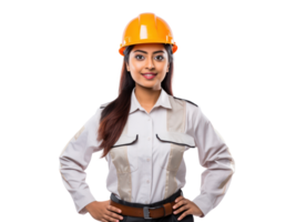 ai generado un mujer ingeniero en casco y naranja chaleco, sonriente, aislado en transparente antecedentes. png