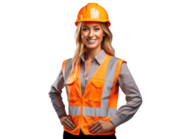 ai generato un' donne ingegnere nel casco e arancia veste, sorridente, isolato su trasparente sfondo. png
