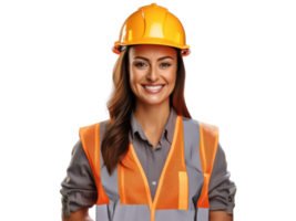 ai generiert ein Frauen Ingenieur im Helm und Orange Weste, lächelnd, isoliert auf transparent Hintergrund. png