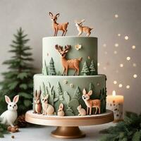 AI generated A cake featuring fondant or marzipan cutouts of minimalist forest animals like deer, rabbits, and owls. ai generative photo