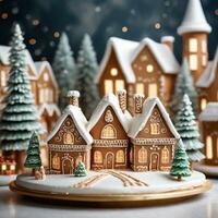AI generated A cake resembling a snowy gingerbread village, with minimalist gold accents on the houses and trees. ai generative photo