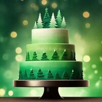 AI generated A tiered cake with minimalistic Christmas tree silhouettes in shades of green, ranging from dark to light. ai generative photo