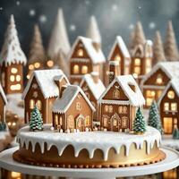 AI generated A cake resembling a snowy gingerbread village, with minimalist gold accents on the houses and trees. ai generative photo