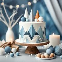 AI generated A cake adorned with edible fondant or marzipan ornaments in a modern Scandinavian design. ai generative photo