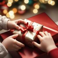AI generated Top view of little child's hand unwrapping a luxurious gift. ai generative photo