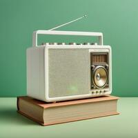 AI generated A modern radio in a plain white vintage design sits on top of a plain white hardcover book. Isolated on green background. ai generative photo