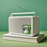 AI generated A modern radio in a plain white vintage design sits on top of a plain white hardcover book. Isolated on green background. ai generative photo
