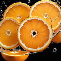 AI generated a close up of orange slices and bubbles, orange slices, black background. ai generative photo