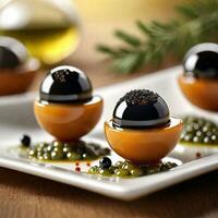 AI generated Appetizer, Liquid olive spheres with balsamic caviar. ai generative photo