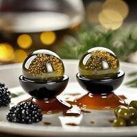 ai generado aperitivo, líquido aceituna esferas con balsámico caviar. ai generativo foto