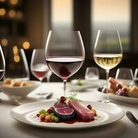 AI generated rare and vintage wines with gourmet dishes. Emphasize the synergy between each course and the carefully selected wine. ai generative photo