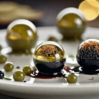 ai generado aperitivo, líquido aceituna esferas con balsámico caviar. ai generativo foto