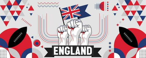 England national or independence day banner for country celebration. Flag of Britain with raised fists. Modern retro design with typorgaphy abstract geometric icons. Vector illustration.