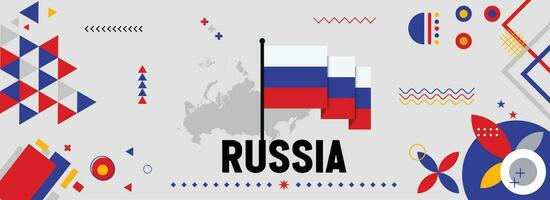 Russia national or independence day banner for country celebration. Flag and map of Russian with raised fists. Modern retro design with typorgaphy abstract geometric icons. Vector illustration.