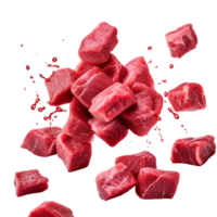 AI generated Falling meat beef cubes isolated on a transparent background. png