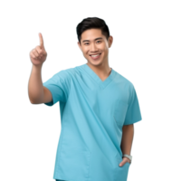 AI generated Young nurse Asian man isolated smiling and pointing on transparent background. png