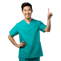 AI generated Young nurse Asian man isolated smiling and pointing on transparent background. png